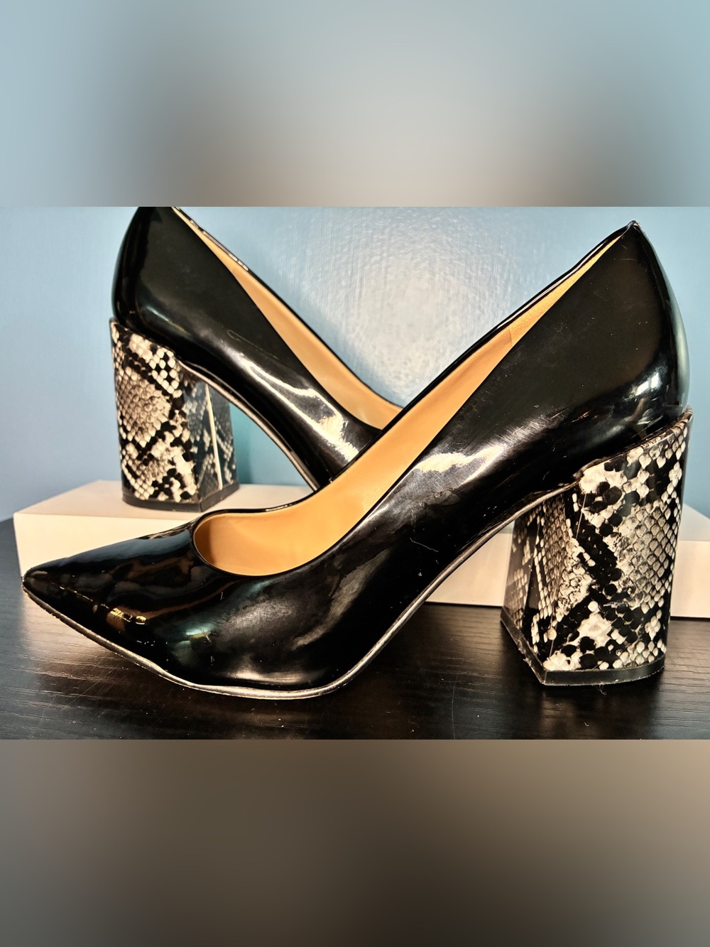 Mix No. 6 Black Patent Pumps with Snake-Print Block Heels
